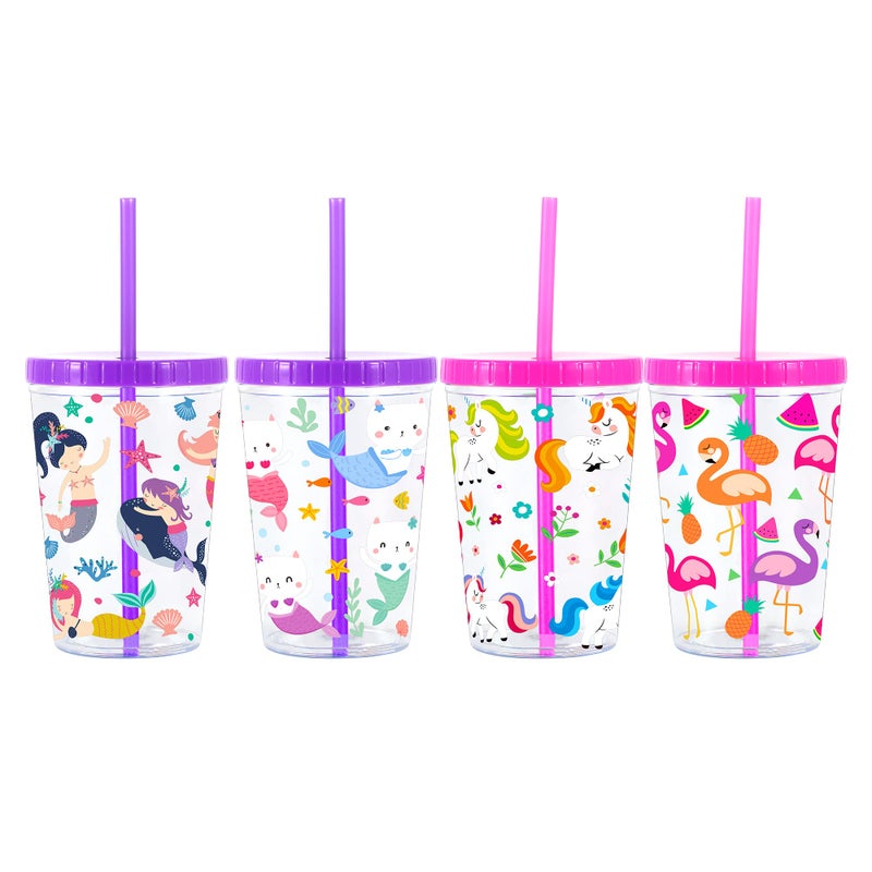Home Tune 16oz Kids Tumbler Water Drinking Cup 4 Pack - BPA Free, Straw Lid Cup, Reusable, Lightweight, Spill-Proof, Cute Design for Girls & Boys - Flamingo, Kitty Mermaid, Unicorn - Image 1